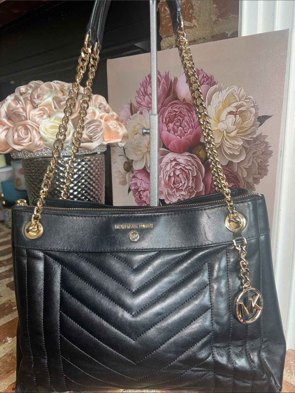 Michael Kors Black Quilted Leather Shoulder Bag with Gold Chain